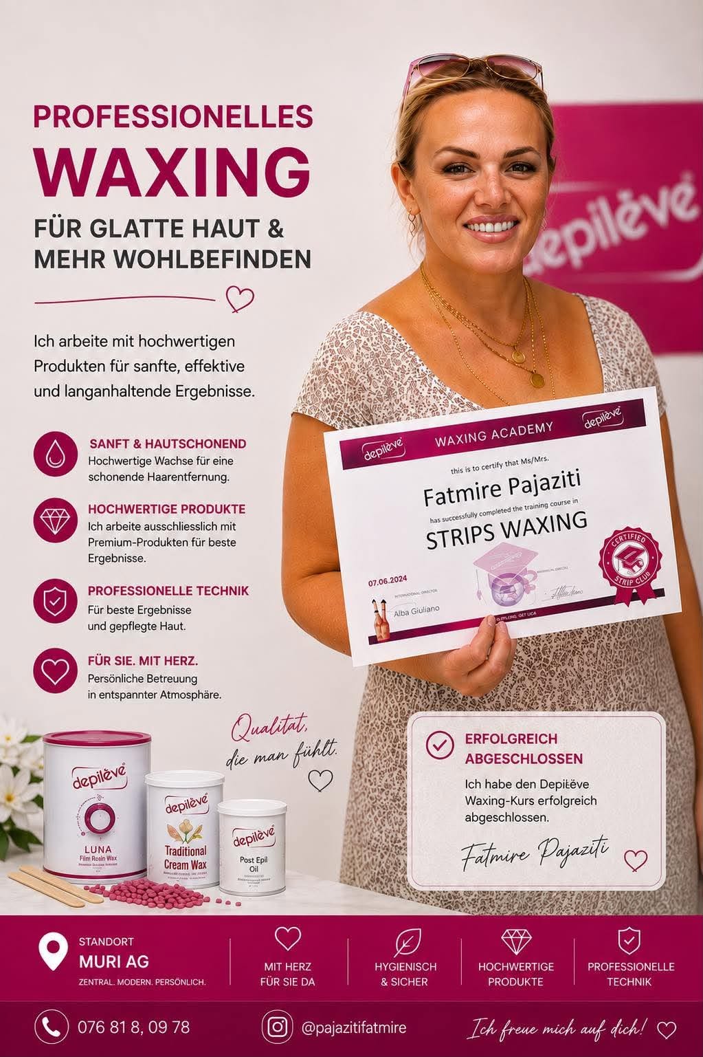 Fatmire Pajaziti mit ihrem Depilève-Zertifikat «Strips Waxing»