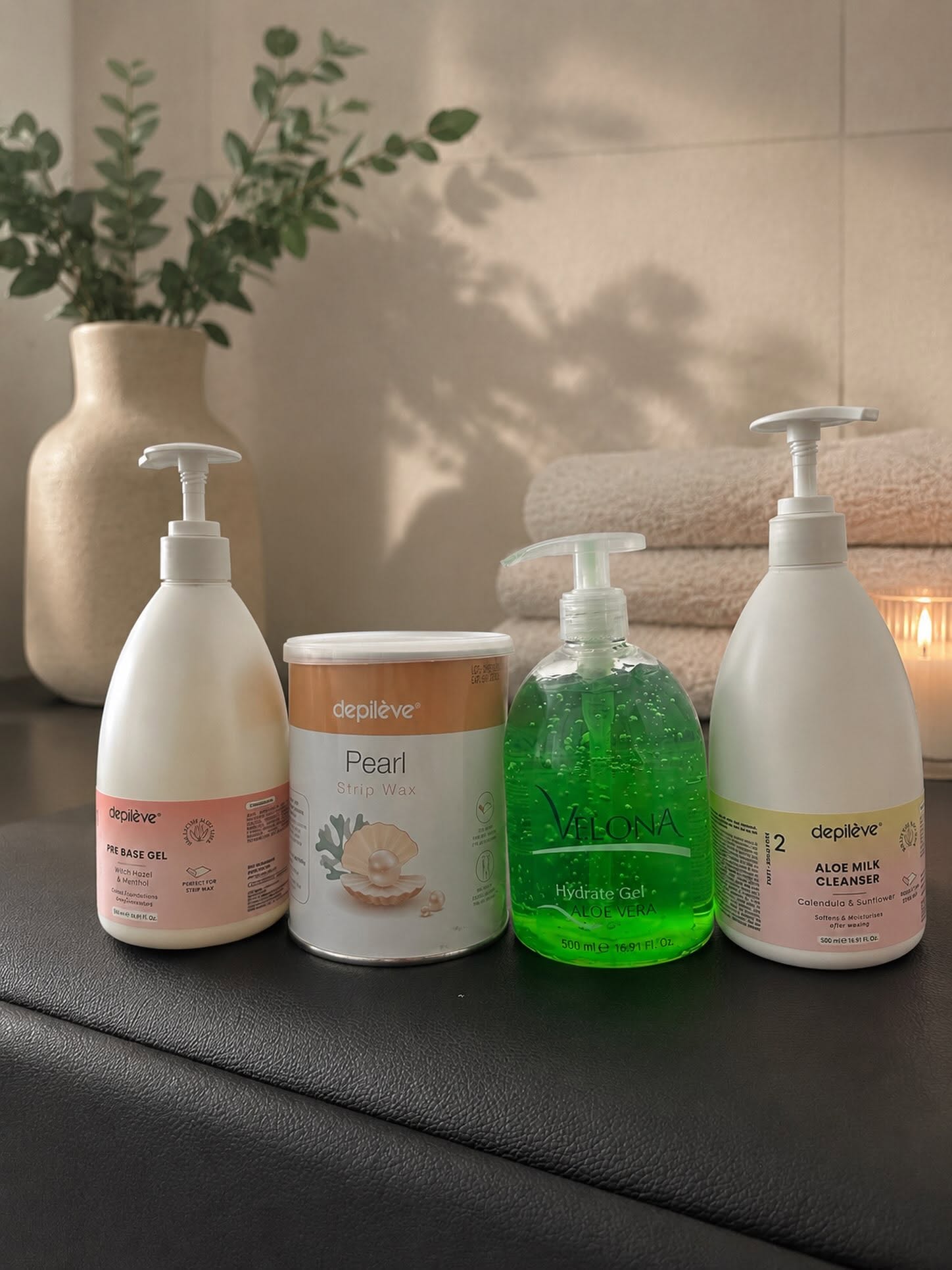 Depilève Pre Base Gel, Pearl Strip Wax, Aloe-Vera-Gel und Aloe Milk Cleanser im Studio von Fati's Beauty & Wax in Muri AG